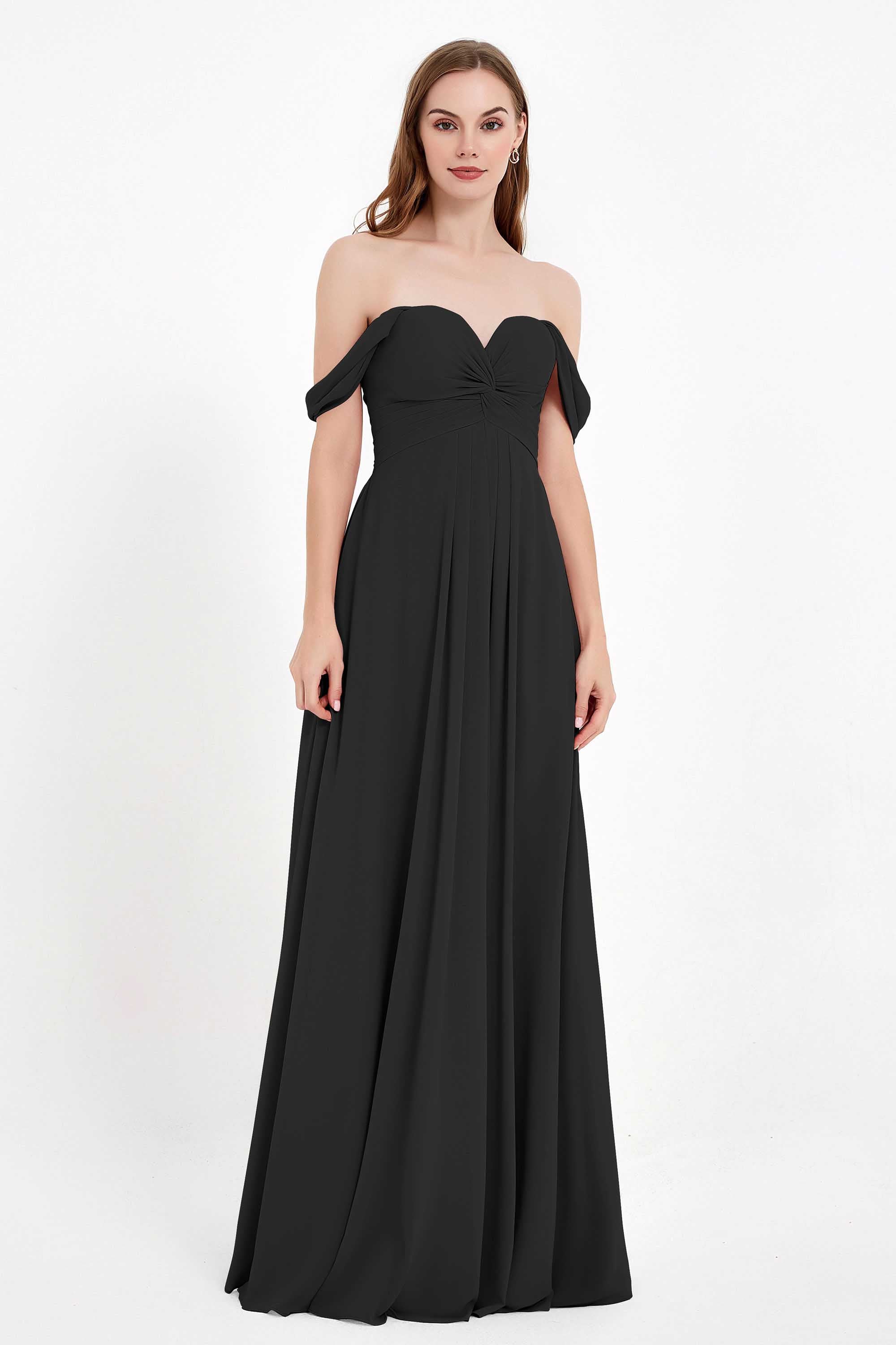 Off the Shoulder Chiffon Empire Bridesmaid Dress Pleated Ruched Long Formal Evening Gowns