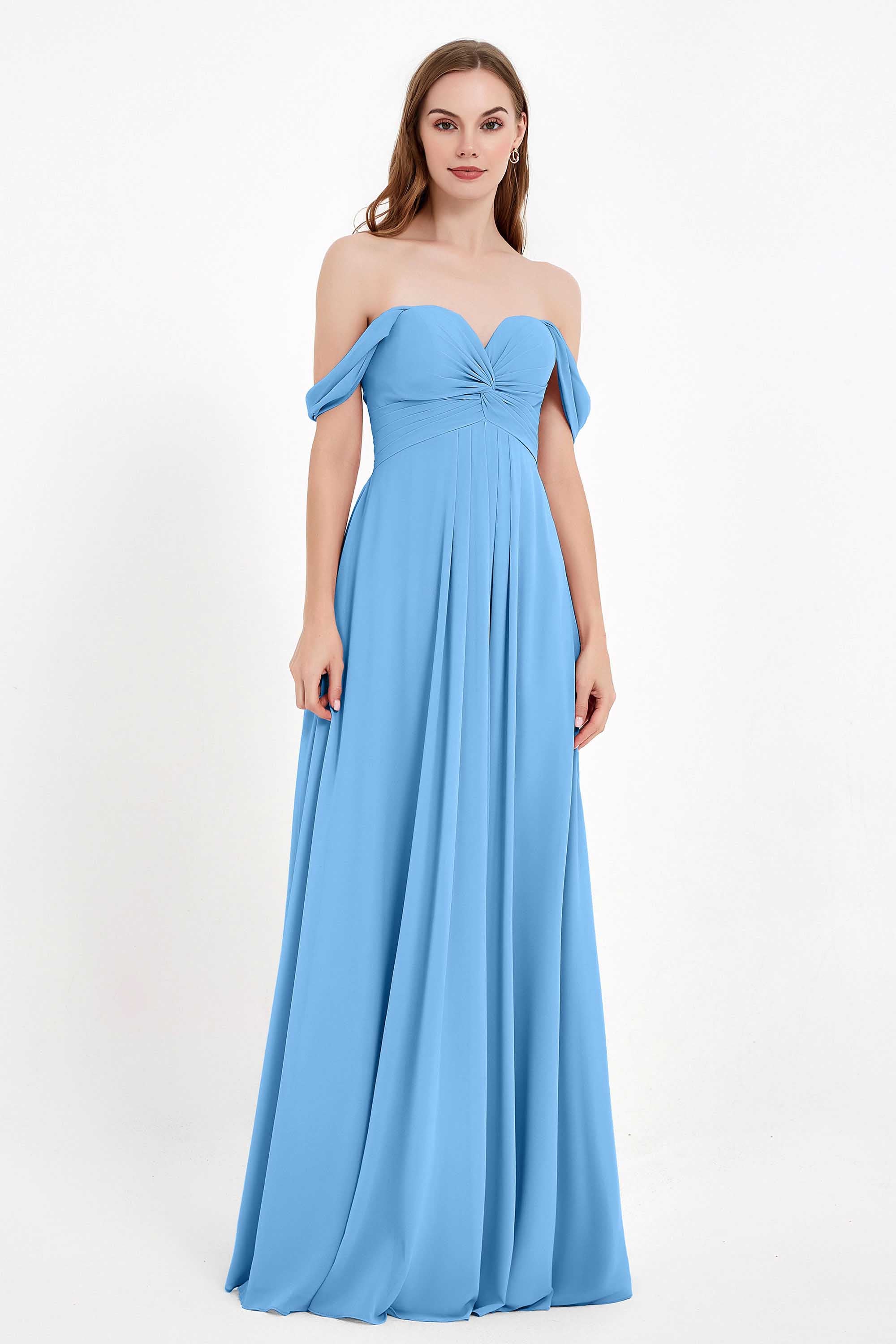 Off the Shoulder Chiffon Empire Bridesmaid Dress Pleated Ruched Long Formal Evening Gowns