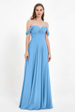 Off the Shoulder Chiffon Empire Bridesmaid Dress Pleated Ruched Long Formal Evening Gowns