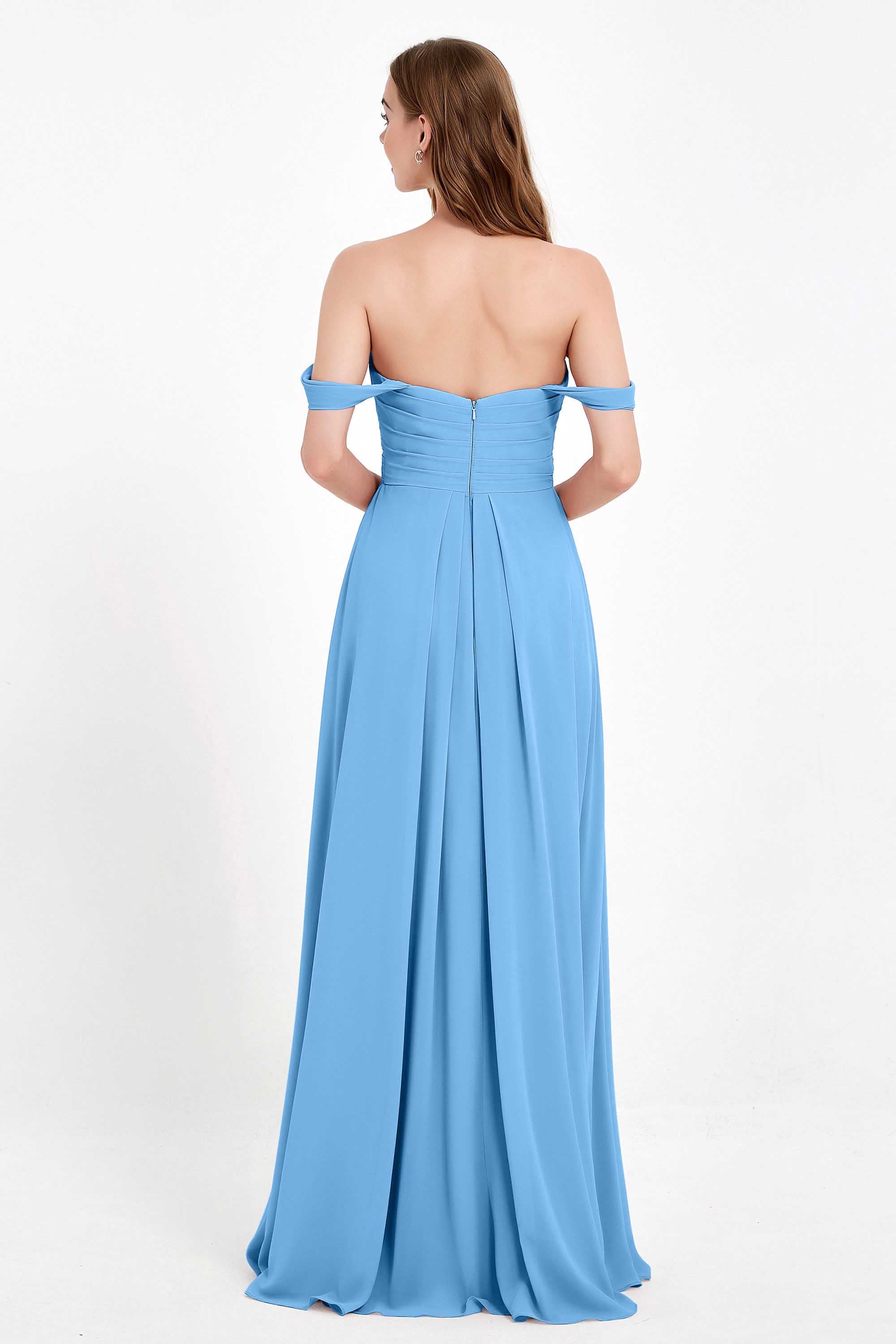 Off the Shoulder Chiffon Empire Bridesmaid Dress Pleated Ruched Long Formal Evening Gowns