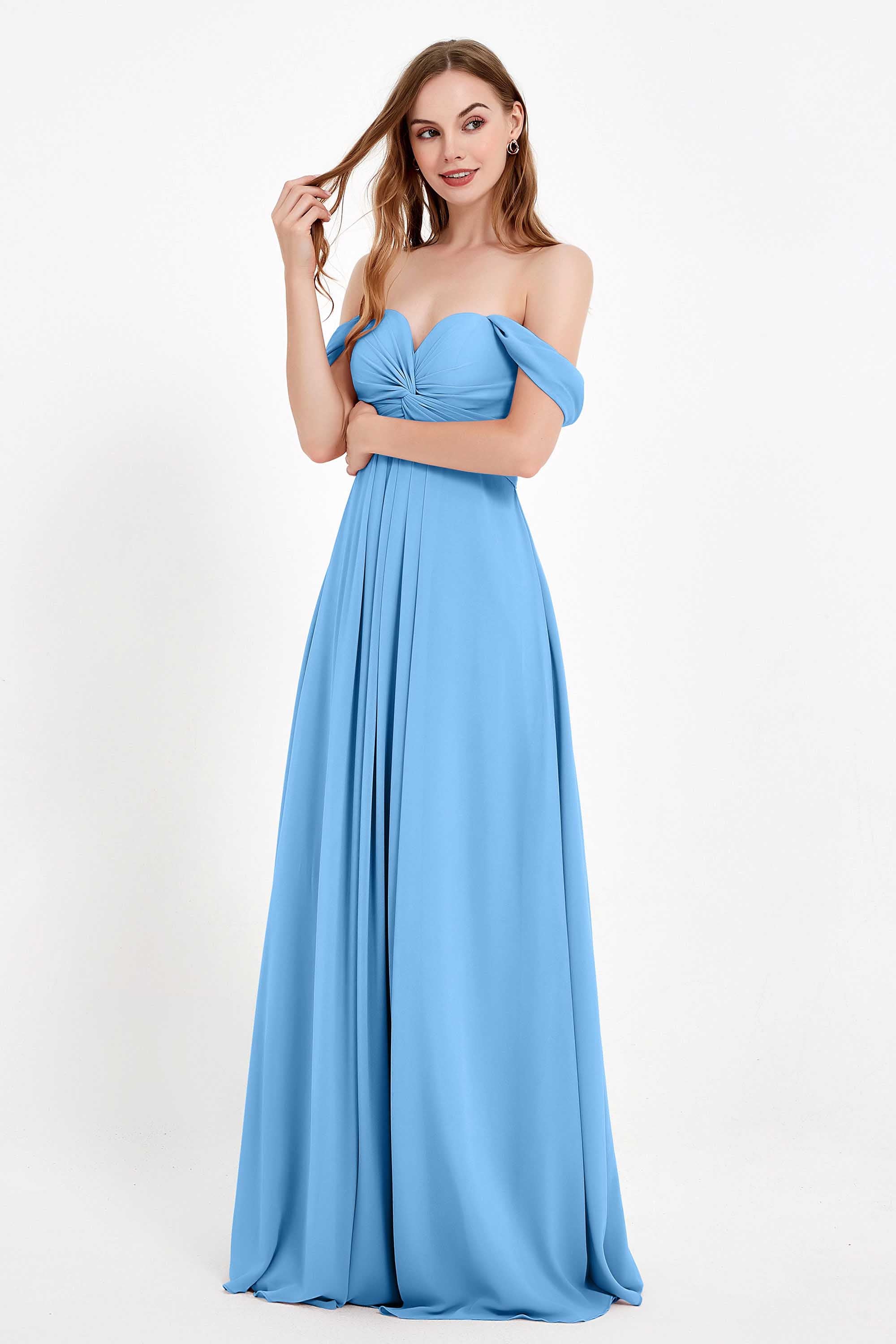 Off the Shoulder Chiffon Empire Bridesmaid Dress Pleated Ruched Long Formal Evening Gowns