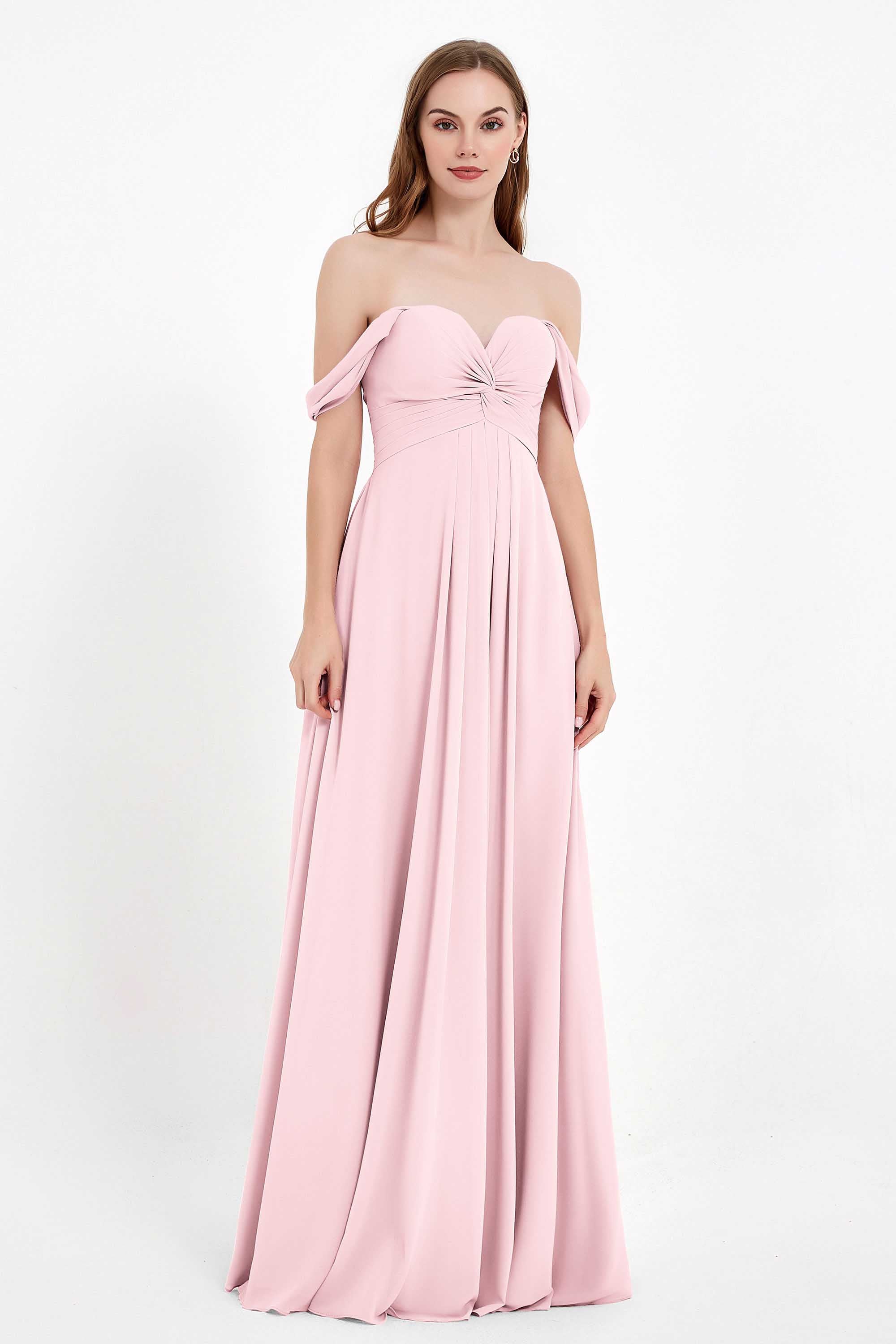 Off the Shoulder Chiffon Empire Bridesmaid Dress Pleated Ruched Long Formal Evening Gowns