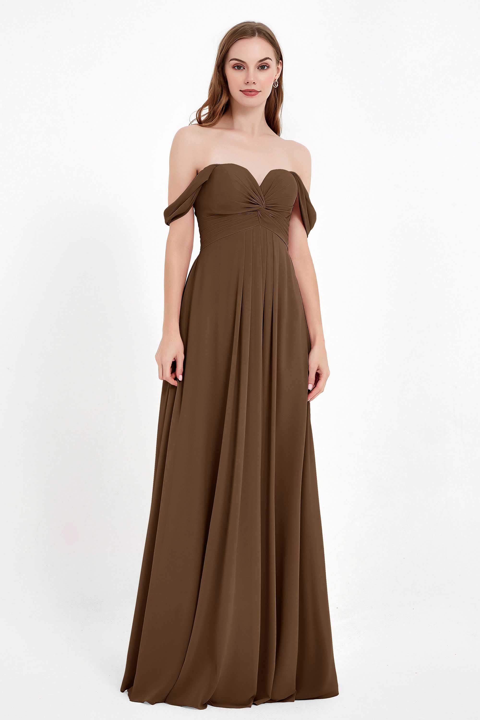 Off the Shoulder Chiffon Empire Bridesmaid Dress Pleated Ruched Long Formal Evening Gowns
