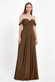 Off the Shoulder Chiffon Empire Bridesmaid Dress Pleated Ruched Long Formal Evening Gowns