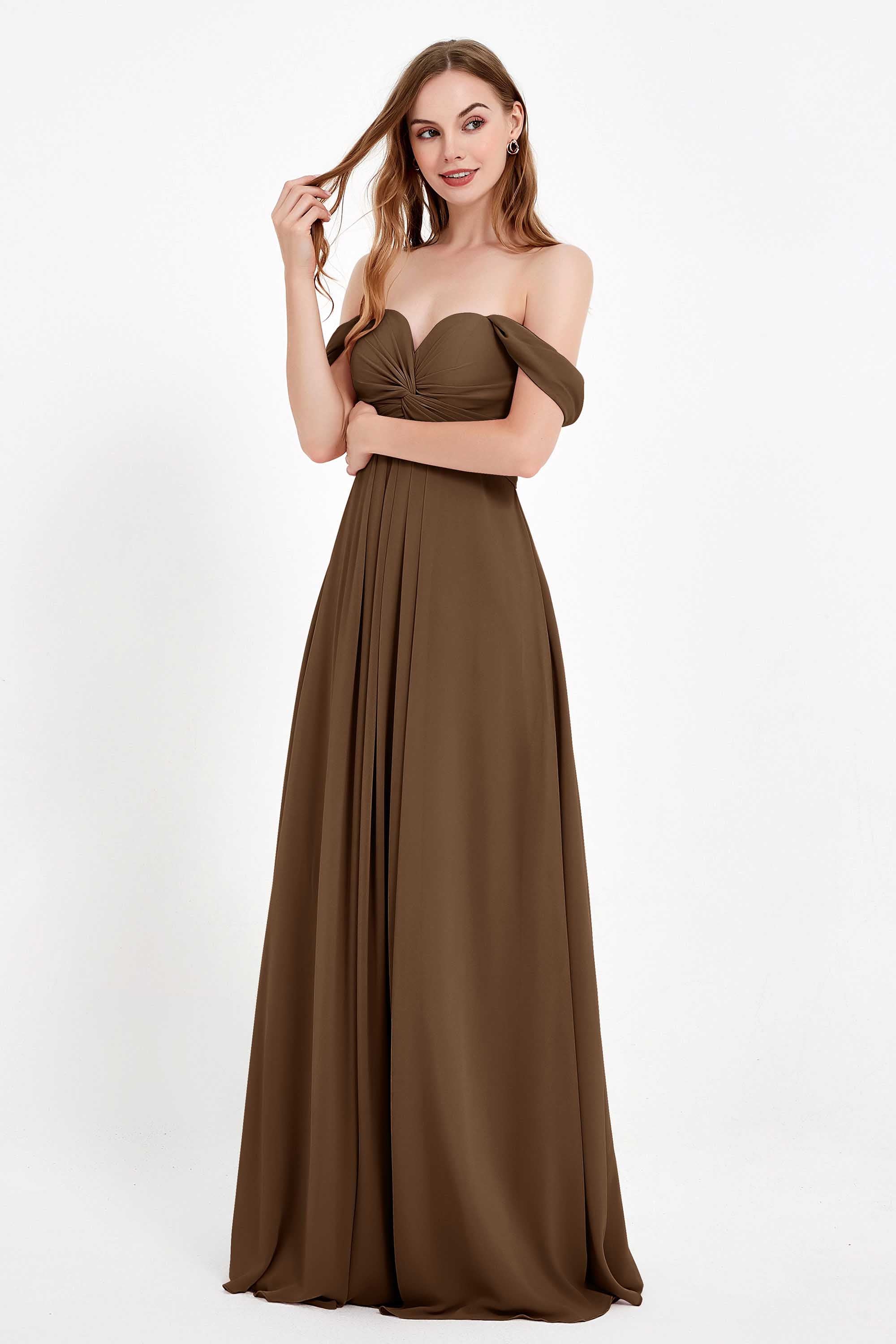 Off the Shoulder Chiffon Empire Bridesmaid Dress Pleated Ruched Long Formal Evening Gowns