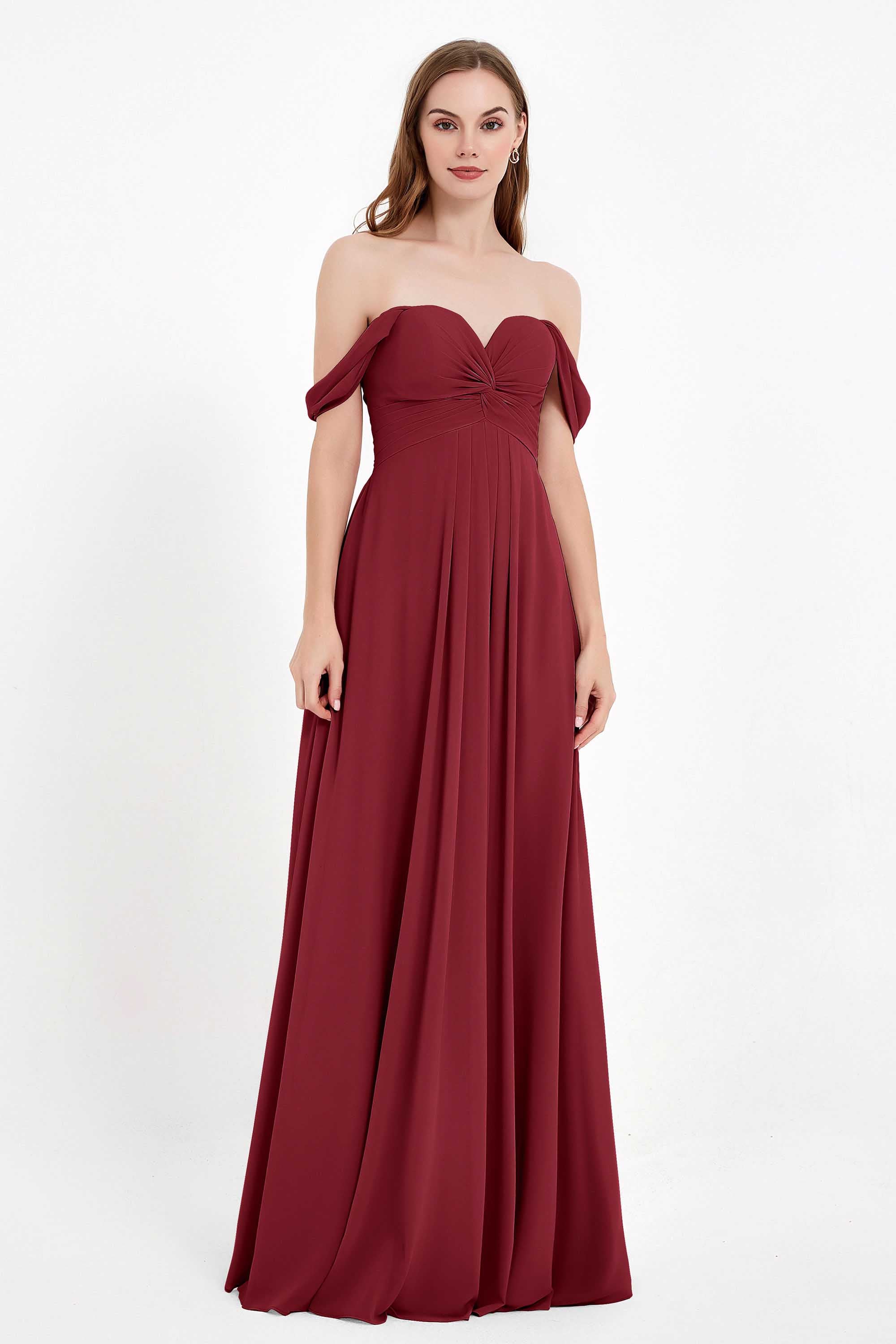 Off the Shoulder Chiffon Empire Bridesmaid Dress Pleated Ruched Long Formal Evening Gowns