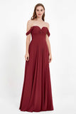 Off the Shoulder Chiffon Empire Bridesmaid Dress Pleated Ruched Long Formal Evening Gowns