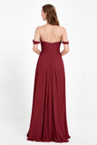 Off the Shoulder Chiffon Empire Bridesmaid Dress Pleated Ruched Long Formal Evening Gowns