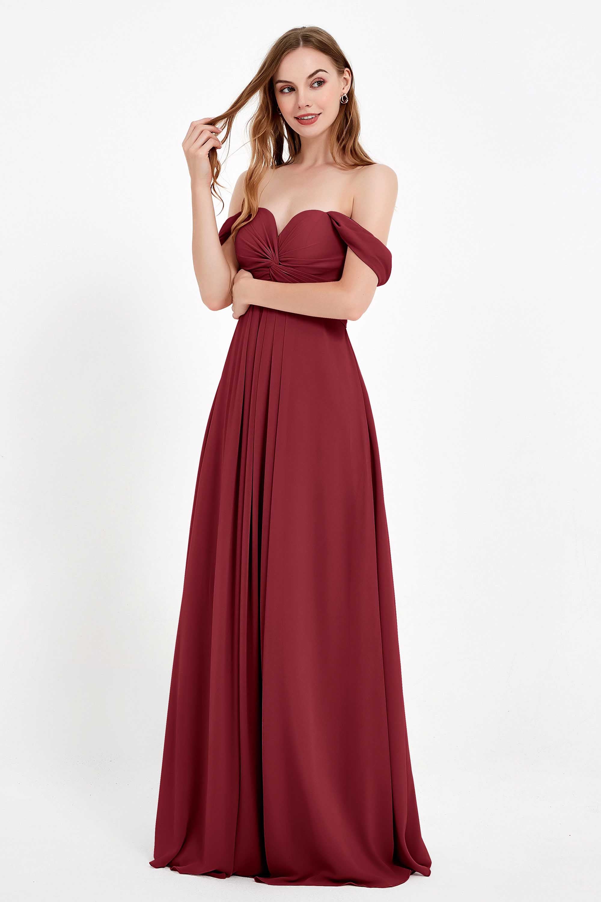 Off the Shoulder Chiffon Empire Bridesmaid Dress Pleated Ruched Long Formal Evening Gowns