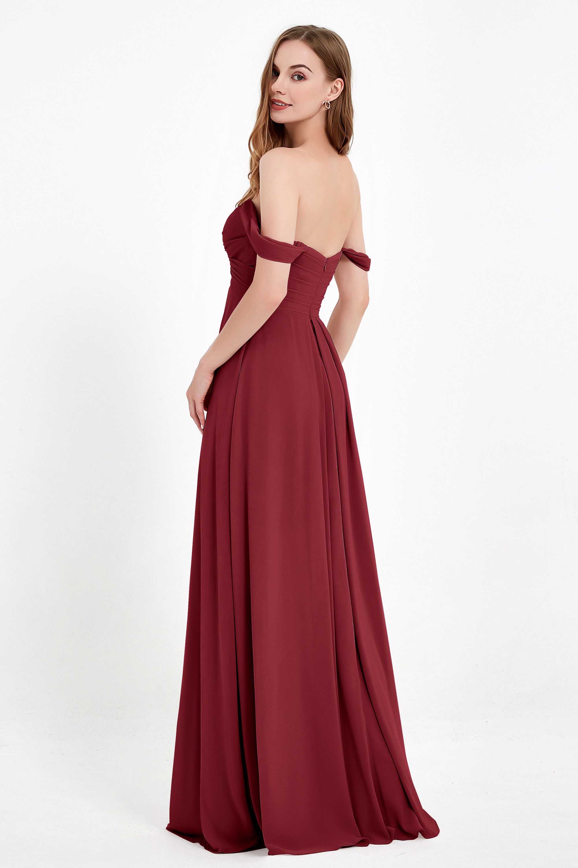 Off the Shoulder Chiffon Empire Bridesmaid Dress Pleated Ruched Long Formal Evening Gowns