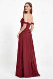 Off the Shoulder Chiffon Empire Bridesmaid Dress Pleated Ruched Long Formal Evening Gowns