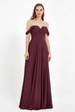 Off the Shoulder Chiffon Empire Bridesmaid Dress Pleated Ruched Long Formal Evening Gowns