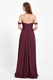 Off the Shoulder Chiffon Empire Bridesmaid Dress Pleated Ruched Long Formal Evening Gowns