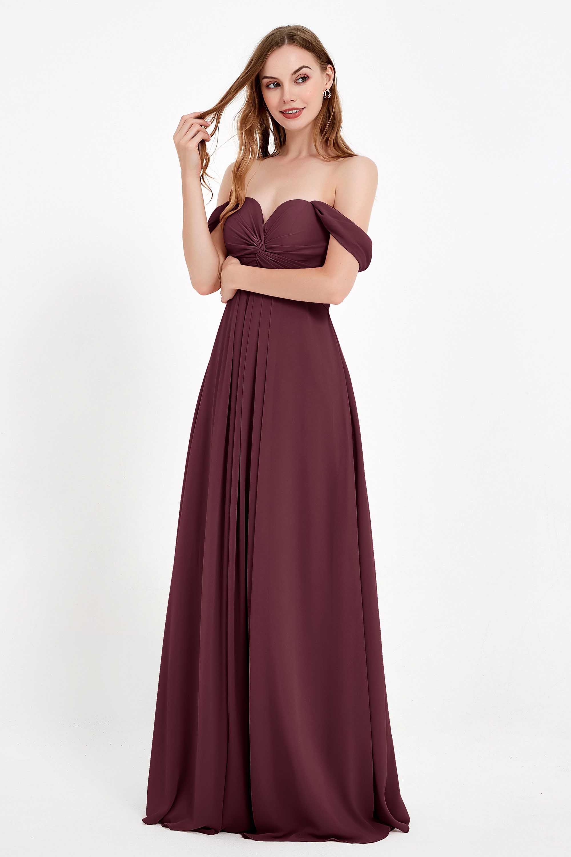 Off the Shoulder Chiffon Empire Bridesmaid Dress Pleated Ruched Long Formal Evening Gowns