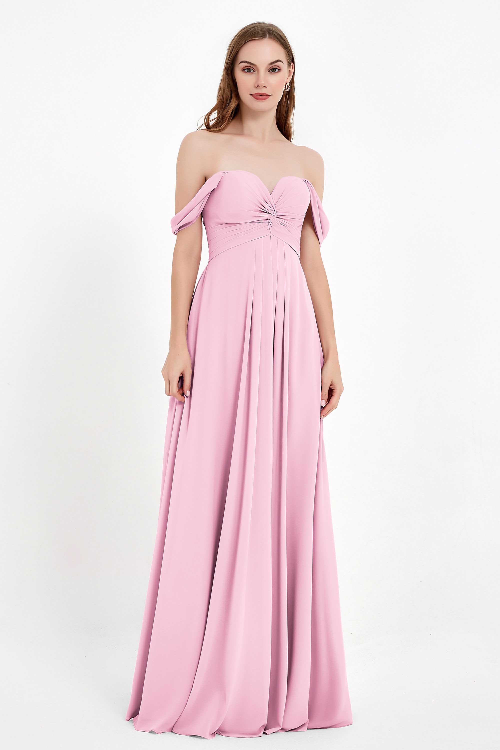 Off the Shoulder Chiffon Empire Bridesmaid Dress Pleated Ruched Long Formal Evening Gowns