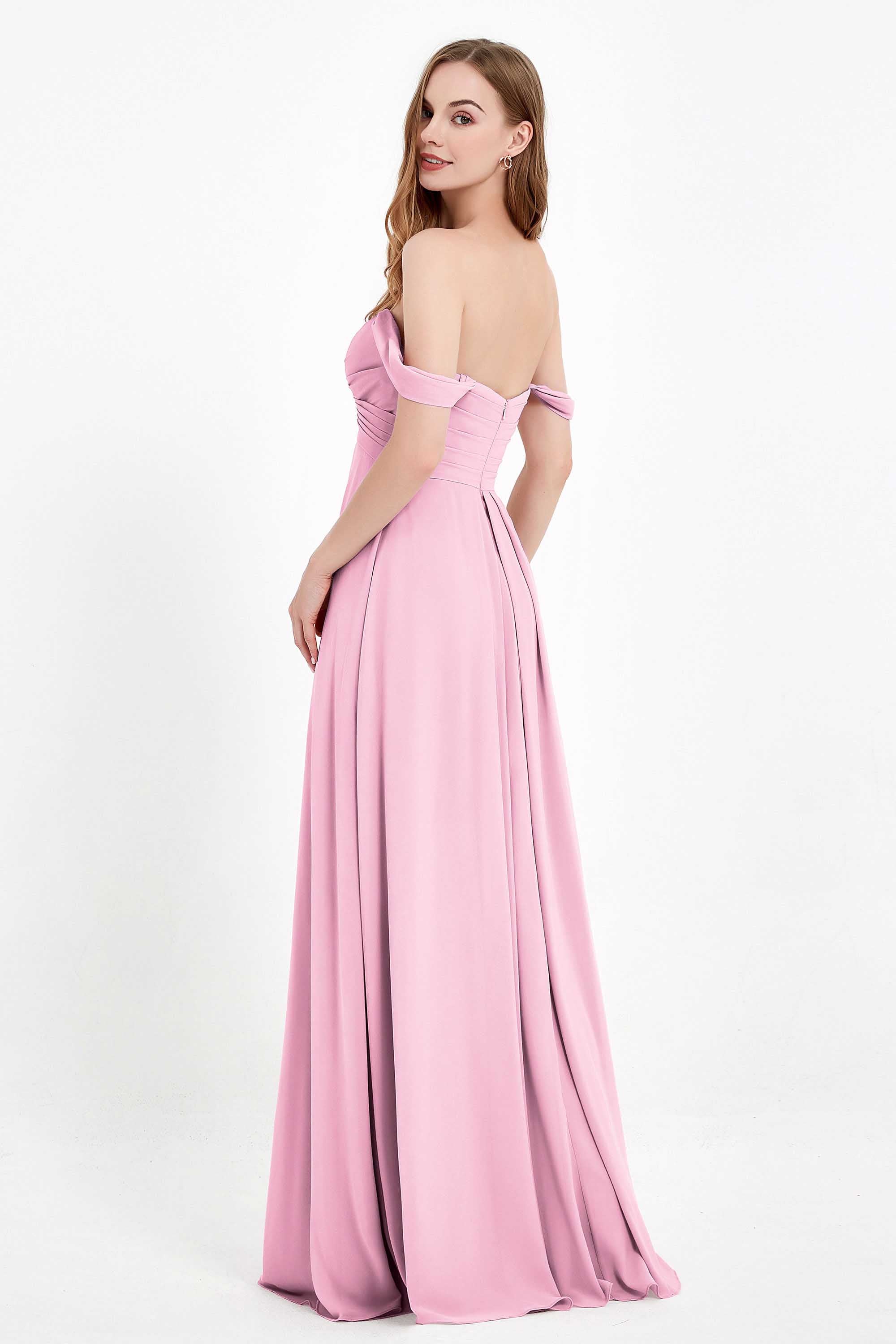 Off the Shoulder Chiffon Empire Bridesmaid Dress Pleated Ruched Long Formal Evening Gowns