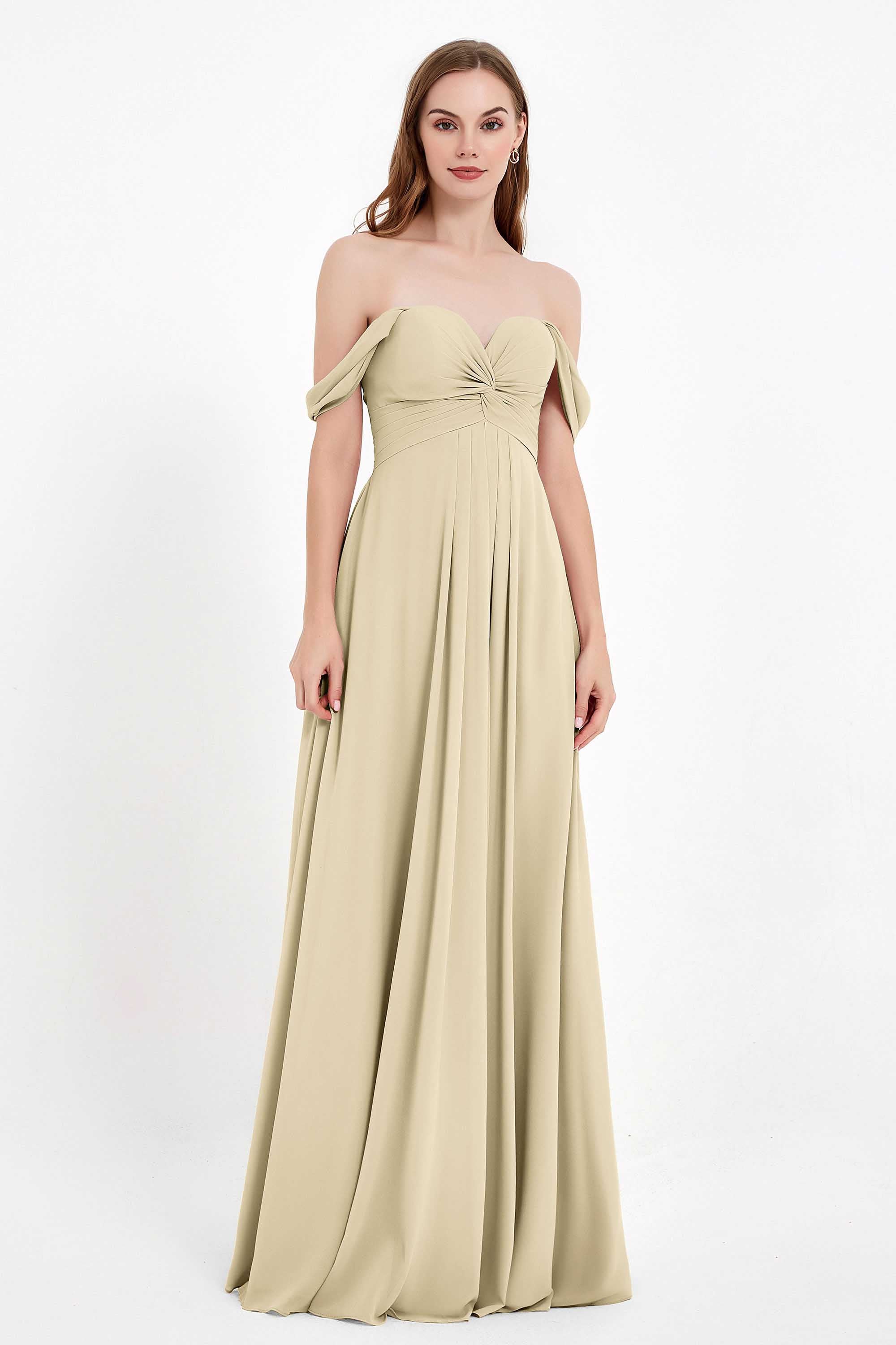 Off the Shoulder Chiffon Empire Bridesmaid Dress Pleated Ruched Long Formal Evening Gowns