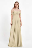 Off the Shoulder Chiffon Empire Bridesmaid Dress Pleated Ruched Long Formal Evening Gowns