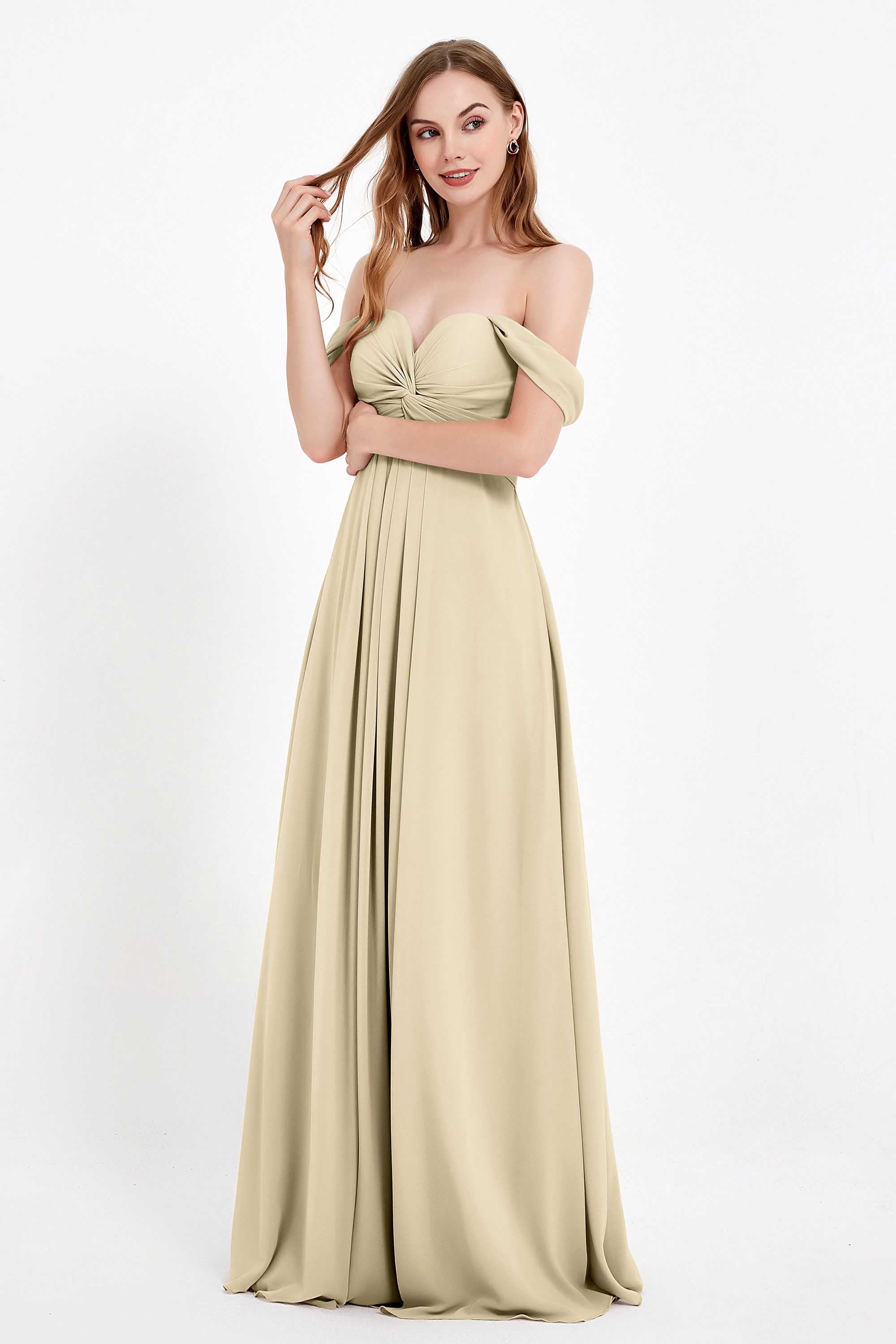 Off the Shoulder Chiffon Empire Bridesmaid Dress Pleated Ruched Long Formal Evening Gowns
