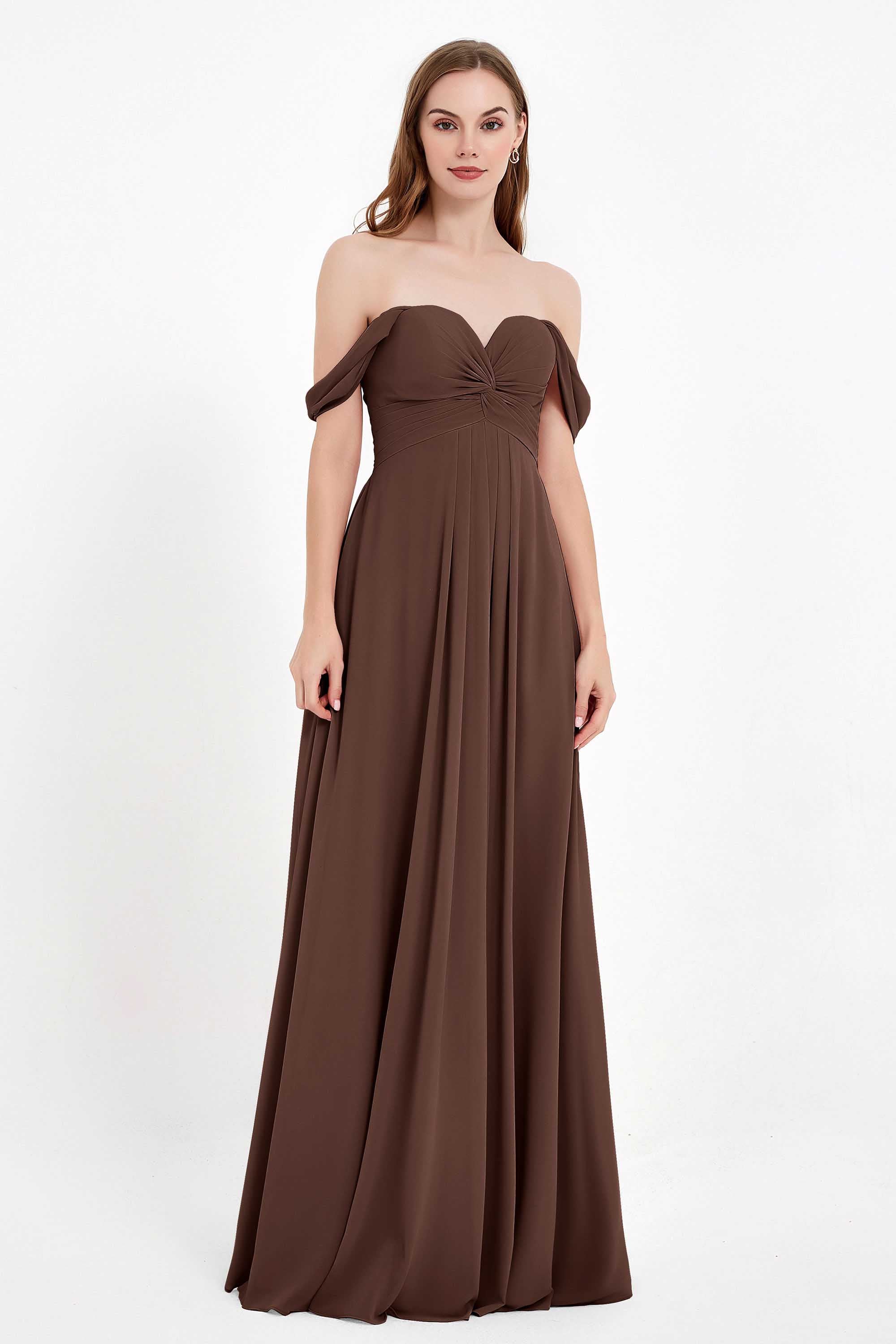 Off the Shoulder Chiffon Empire Bridesmaid Dress Pleated Ruched Long Formal Evening Gowns