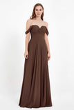 Off the Shoulder Chiffon Empire Bridesmaid Dress Pleated Ruched Long Formal Evening Gowns