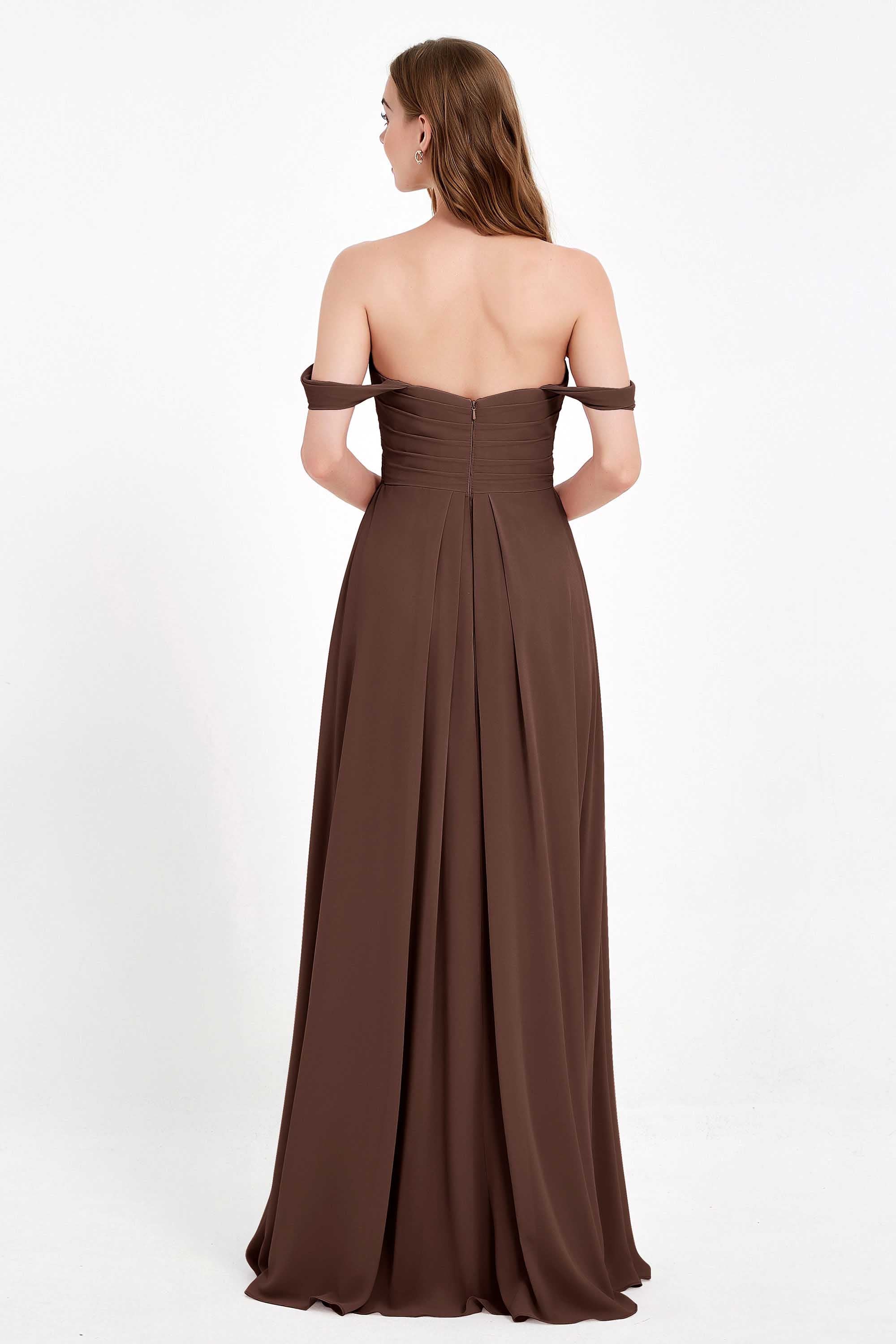 Off the Shoulder Chiffon Empire Bridesmaid Dress Pleated Ruched Long Formal Evening Gowns
