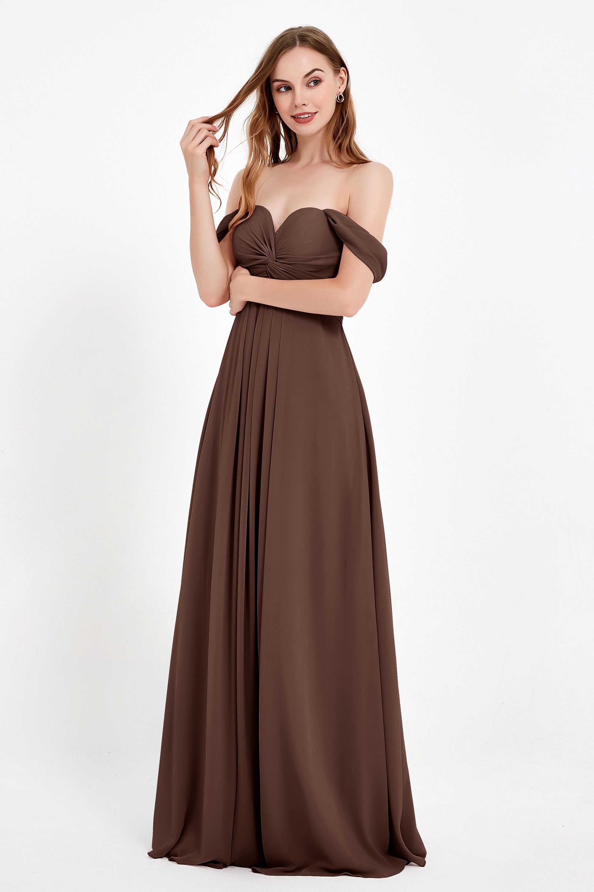 Off the Shoulder Chiffon Empire Bridesmaid Dress Pleated Ruched Long Formal Evening Gowns