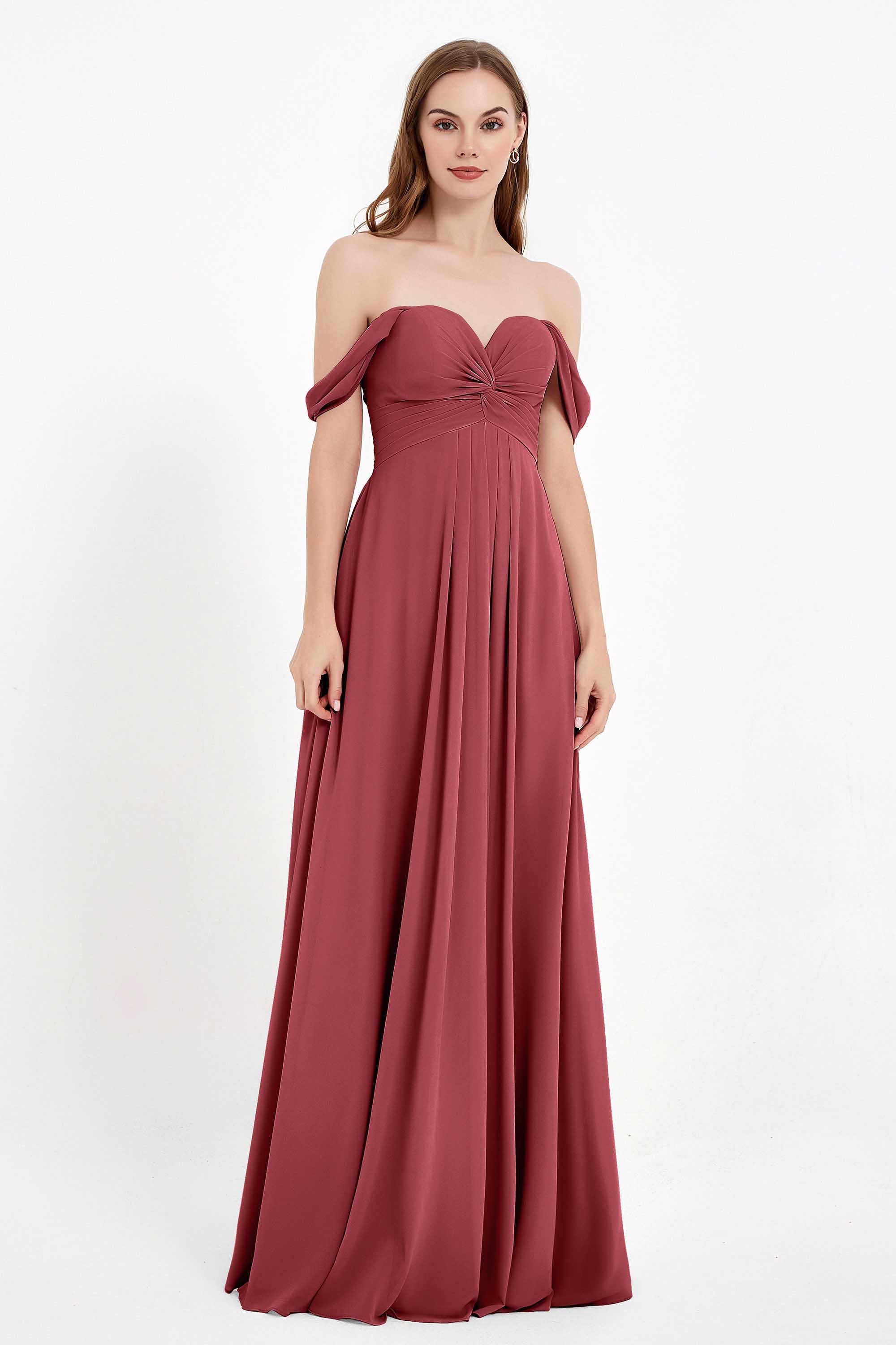 Off the Shoulder Chiffon Empire Bridesmaid Dress Pleated Ruched Long Formal Evening Gowns