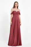 Off the Shoulder Chiffon Empire Bridesmaid Dress Pleated Ruched Long Formal Evening Gowns