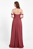 Off the Shoulder Chiffon Empire Bridesmaid Dress Pleated Ruched Long Formal Evening Gowns