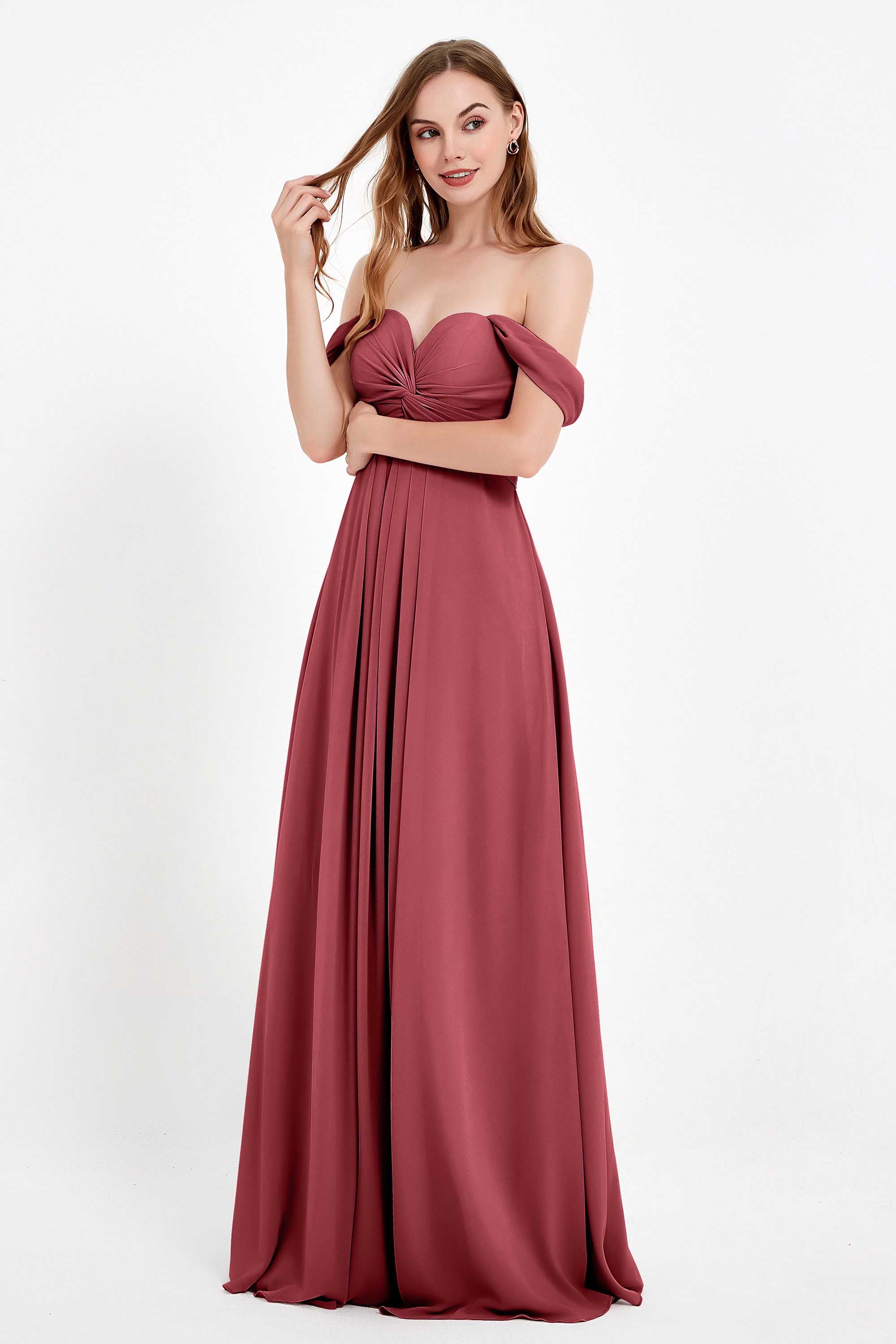 Off the Shoulder Chiffon Empire Bridesmaid Dress Pleated Ruched Long Formal Evening Gowns
