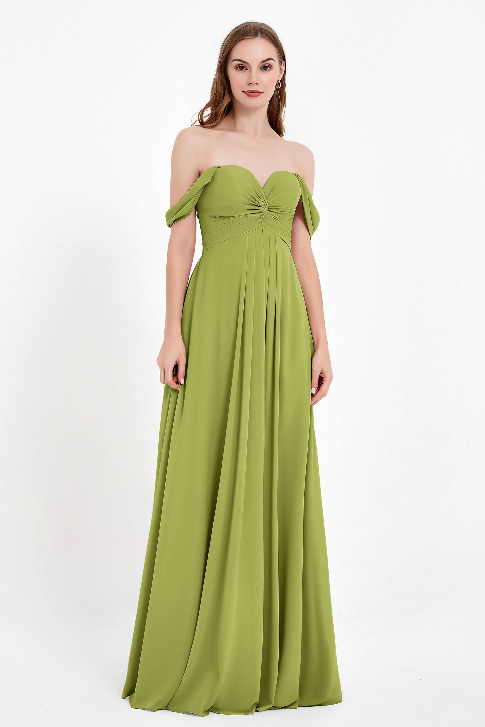 Off the Shoulder Chiffon Empire Bridesmaid Dress Pleated Ruched Long Formal Evening Gowns
