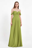 Off the Shoulder Chiffon Empire Bridesmaid Dress Pleated Ruched Long Formal Evening Gowns