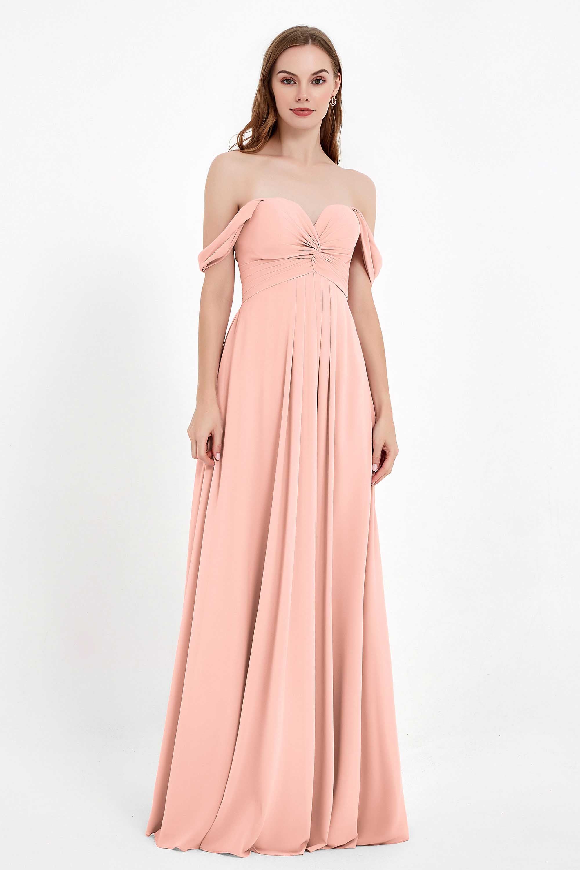 Off the Shoulder Chiffon Empire Bridesmaid Dress Pleated Ruched Long Formal Evening Gowns