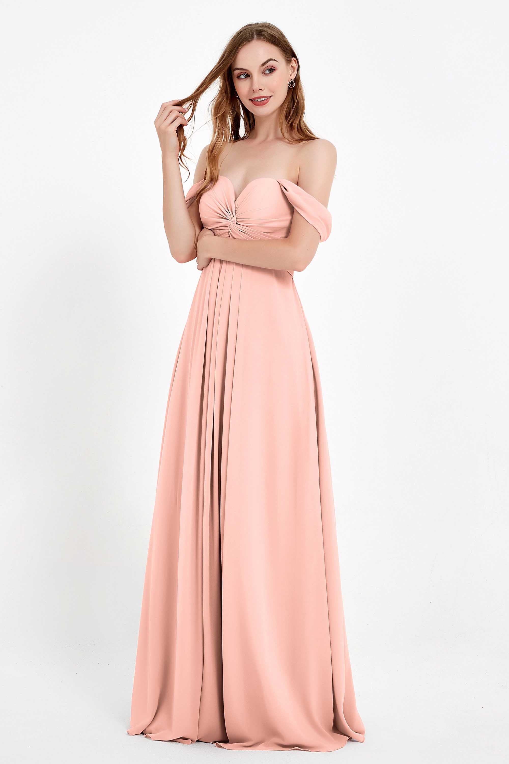 Off the Shoulder Chiffon Empire Bridesmaid Dress Pleated Ruched Long Formal Evening Gowns