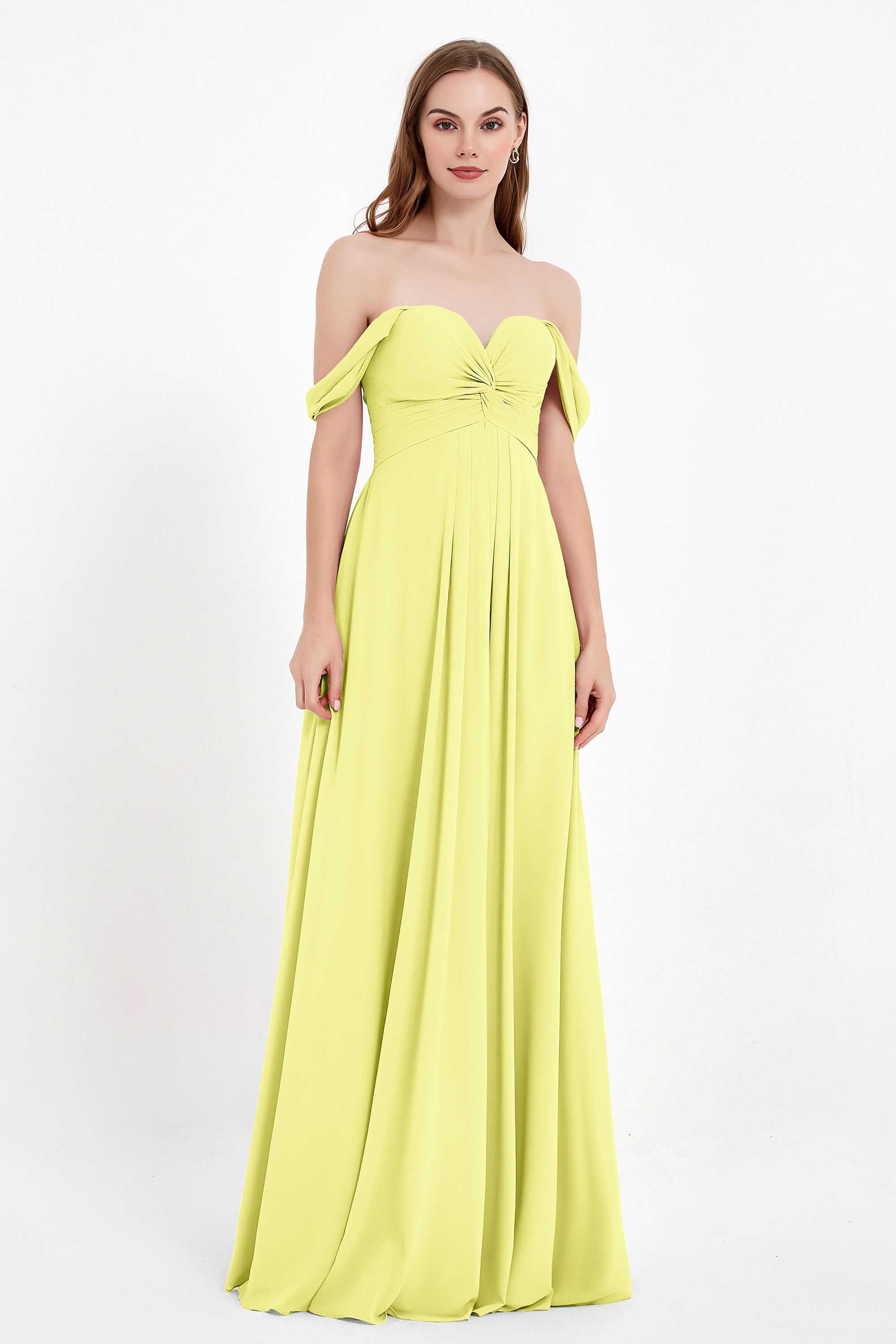 Off the Shoulder Chiffon Empire Bridesmaid Dress Pleated Ruched Long Formal Evening Gowns