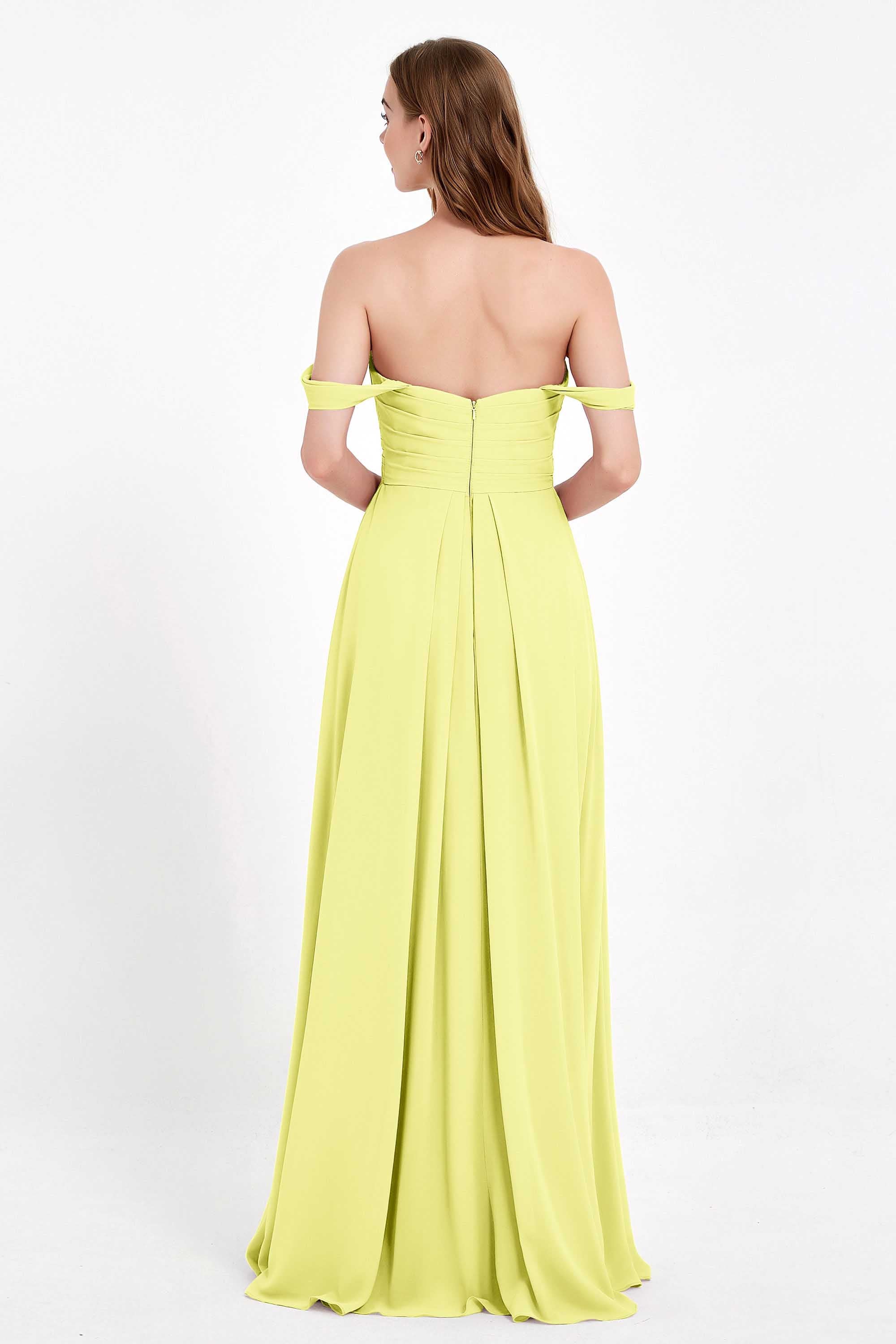 Off the Shoulder Chiffon Empire Bridesmaid Dress Pleated Ruched Long Formal Evening Gowns