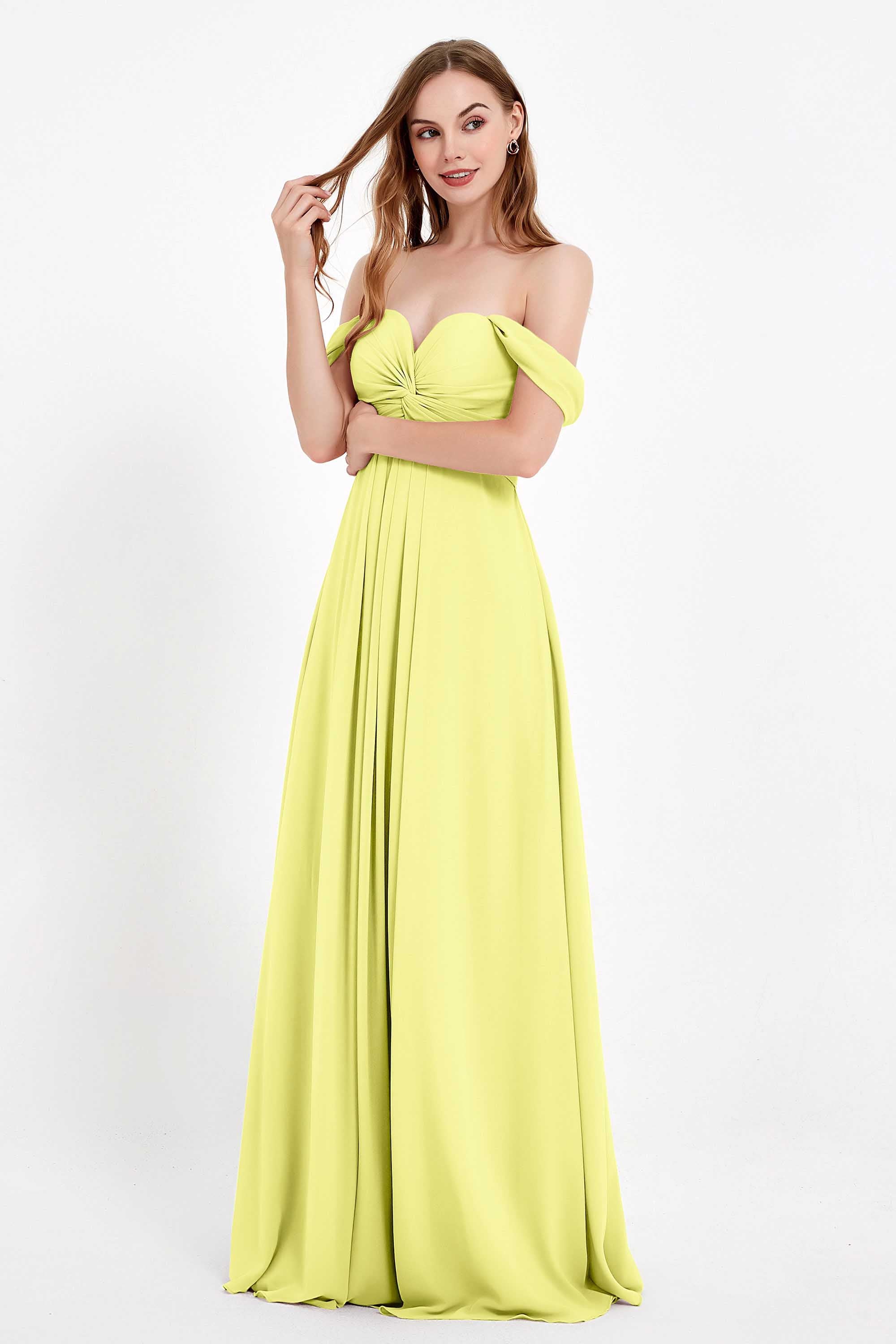 Off the Shoulder Chiffon Empire Bridesmaid Dress Pleated Ruched Long Formal Evening Gowns
