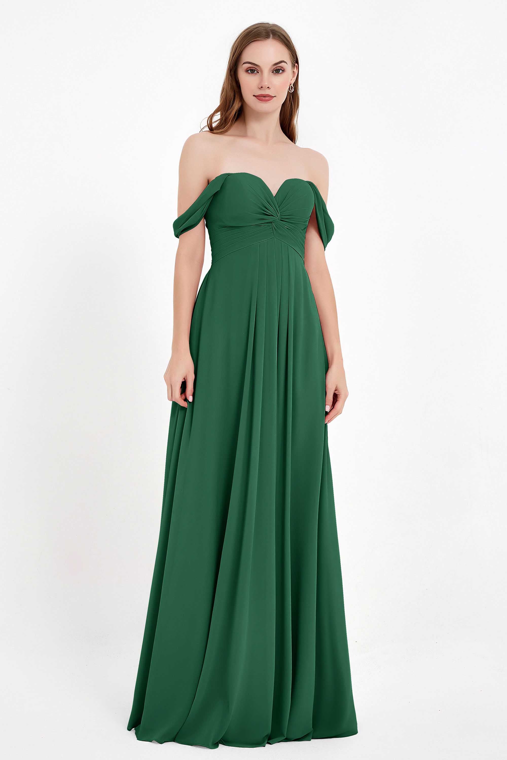 Off the Shoulder Chiffon Empire Bridesmaid Dress Pleated Ruched Long Formal Evening Gowns