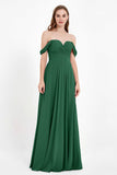 Off the Shoulder Chiffon Empire Bridesmaid Dress Pleated Ruched Long Formal Evening Gowns