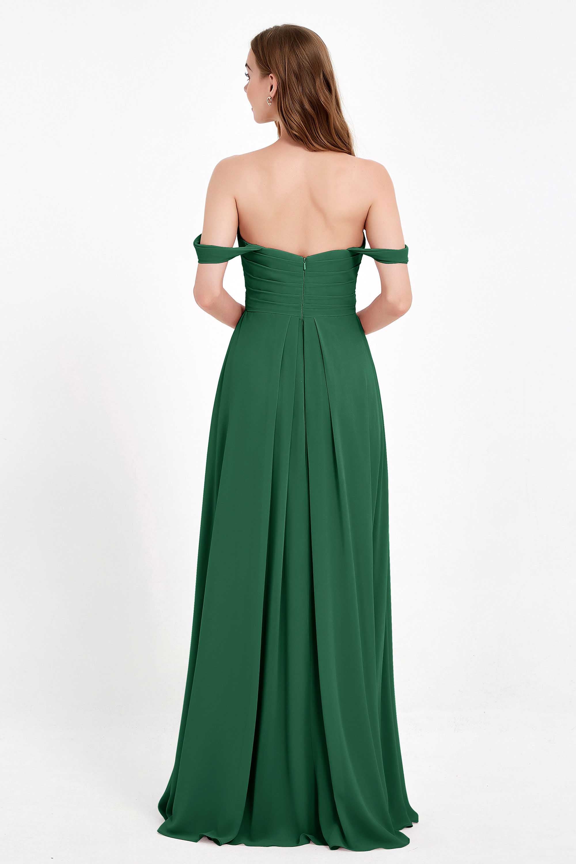 Off the Shoulder Chiffon Empire Bridesmaid Dress Pleated Ruched Long Formal Evening Gowns