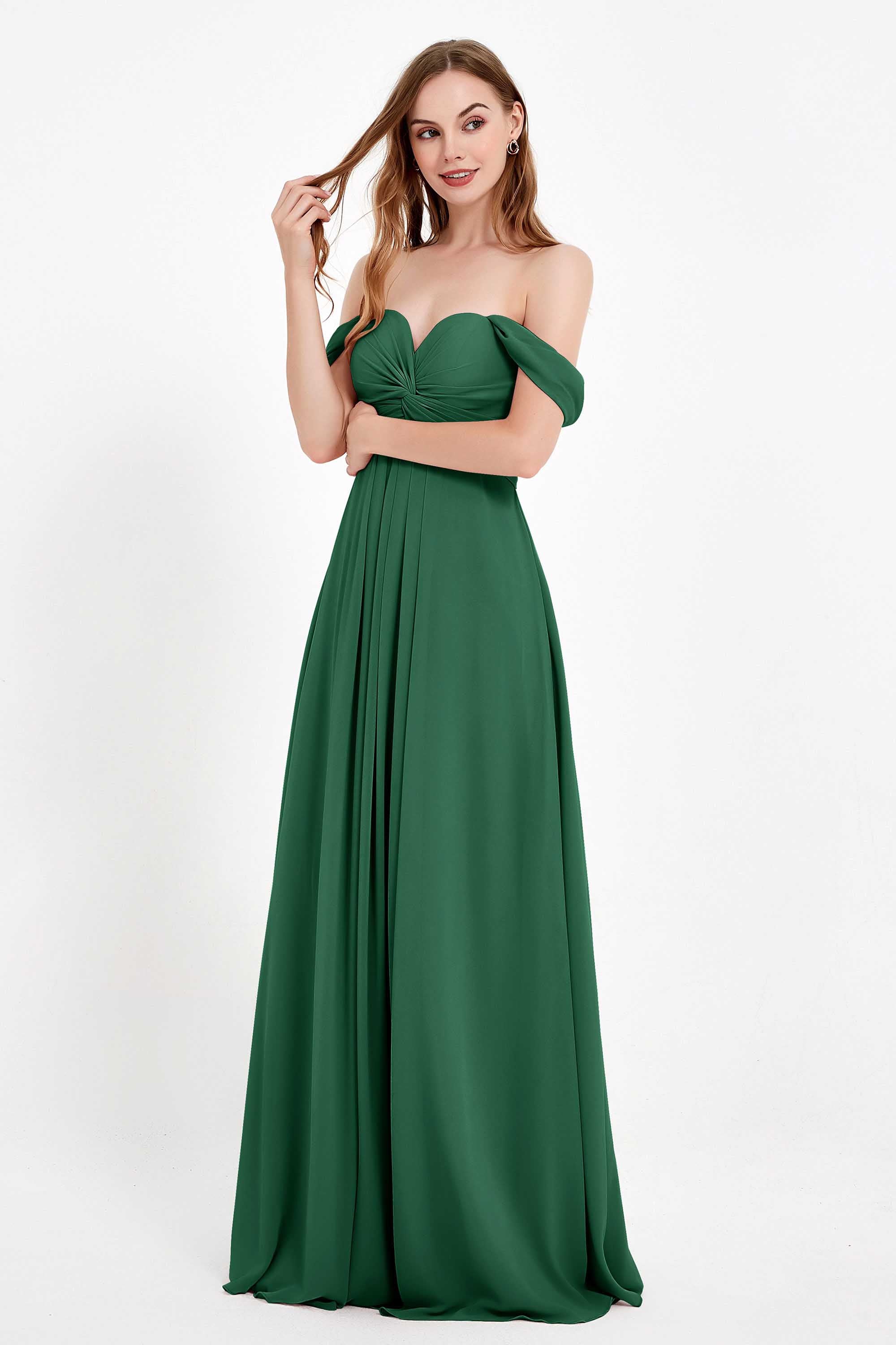 Off the Shoulder Chiffon Empire Bridesmaid Dress Pleated Ruched Long Formal Evening Gowns