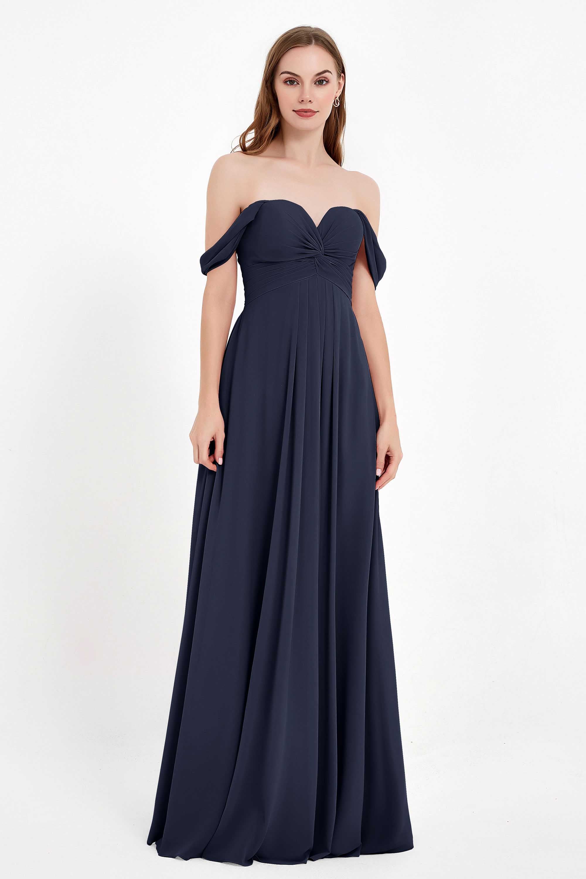Off the Shoulder Chiffon Empire Bridesmaid Dress Pleated Ruched Long Formal Evening Gowns