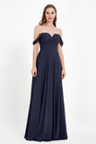 Off the Shoulder Chiffon Empire Bridesmaid Dress Pleated Ruched Long Formal Evening Gowns