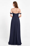 Off the Shoulder Chiffon Empire Bridesmaid Dress Pleated Ruched Long Formal Evening Gowns