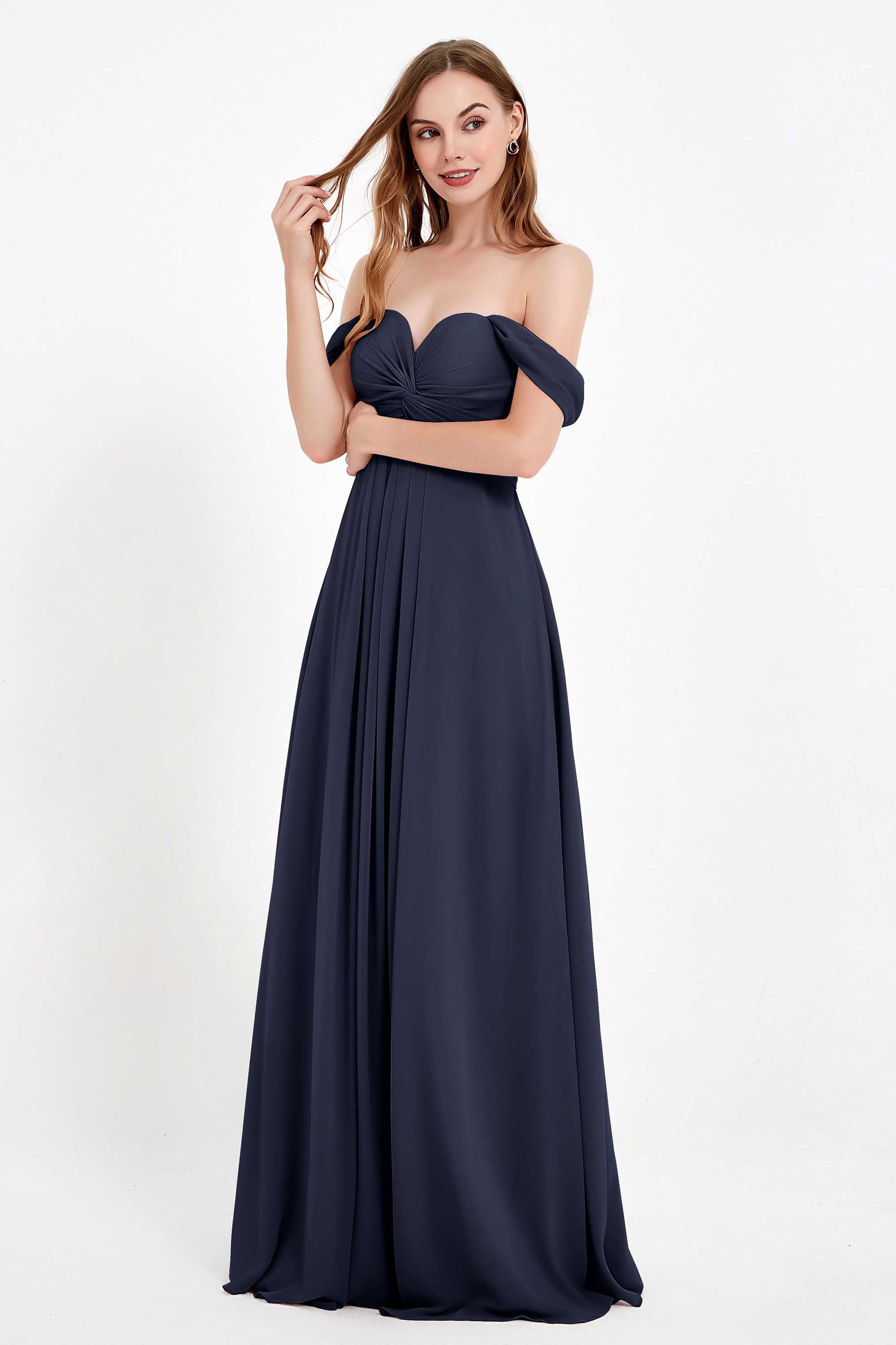 Off the Shoulder Chiffon Empire Bridesmaid Dress Pleated Ruched Long Formal Evening Gowns