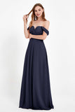 Off the Shoulder Chiffon Empire Bridesmaid Dress Pleated Ruched Long Formal Evening Gowns