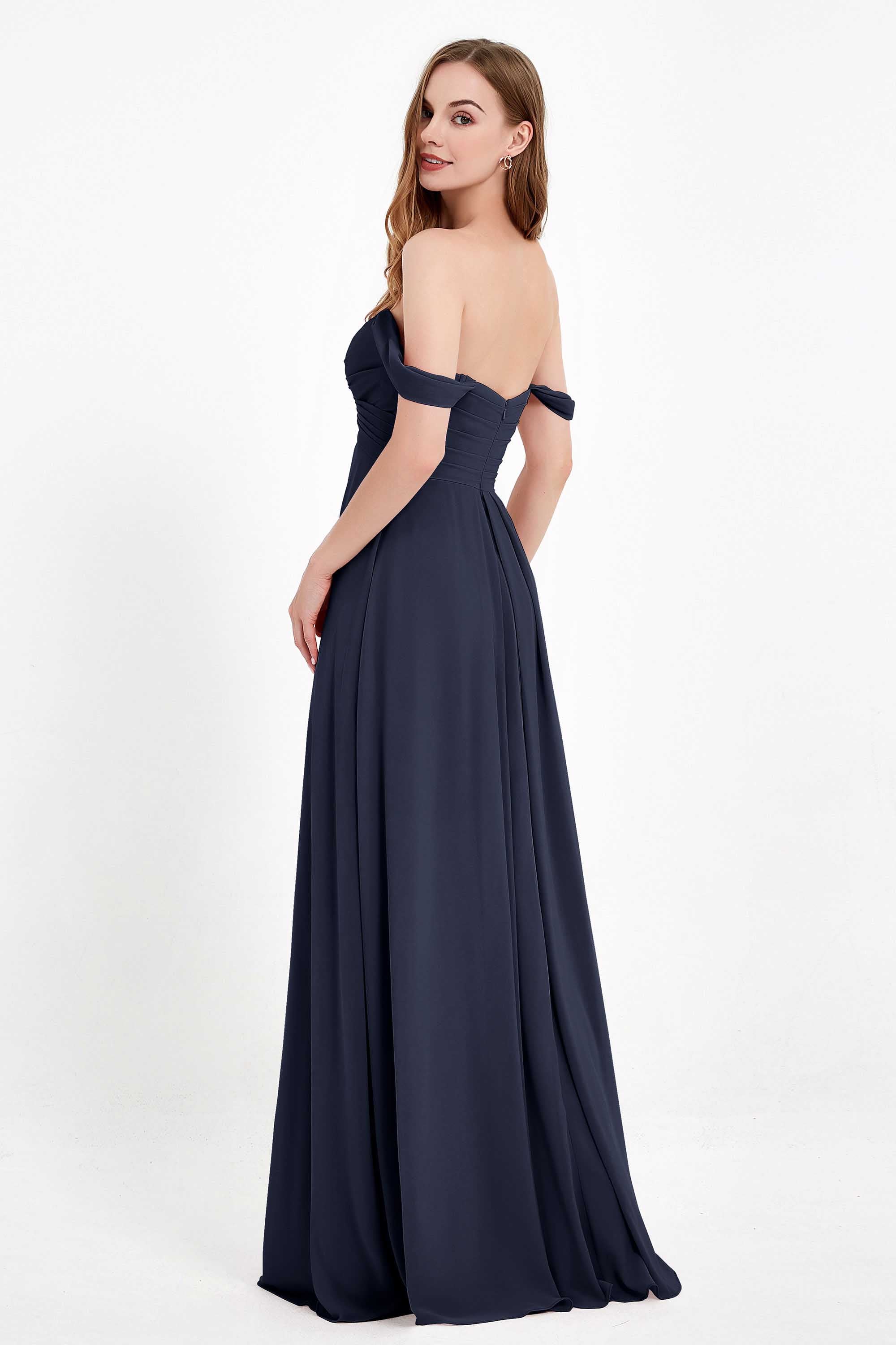 Off the Shoulder Chiffon Empire Bridesmaid Dress Pleated Ruched Long Formal Evening Gowns