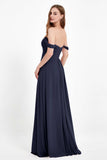 Off the Shoulder Chiffon Empire Bridesmaid Dress Pleated Ruched Long Formal Evening Gowns
