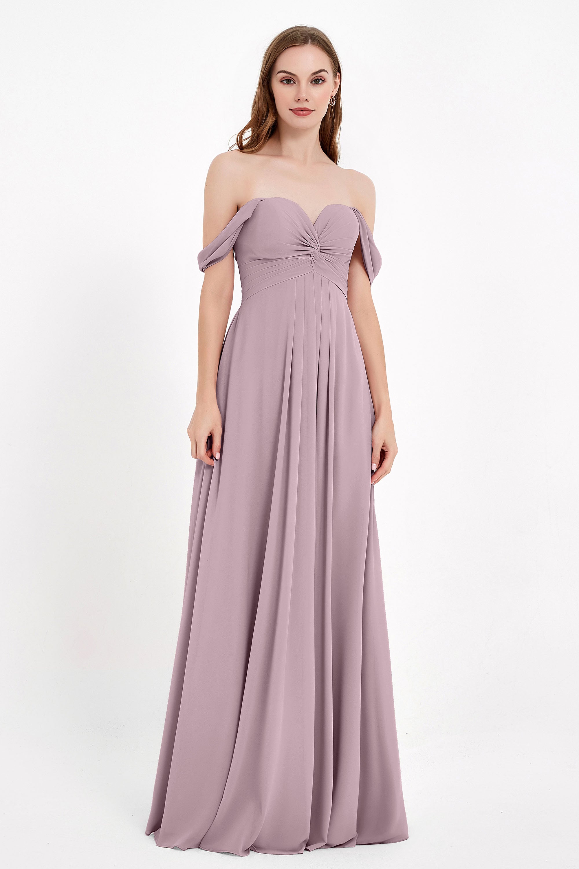 Off the Shoulder Chiffon Empire Bridesmaid Dress Pleated Ruched Long Formal Evening Gowns